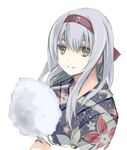  alternate_costume brown_eyes cotton_candy headband highres japanese_clothes kantai_collection kimono long_hair looking_at_viewer natsuyuki shoukaku_(kantai_collection) silver_hair simple_background smile solo upper_body white_background 