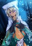  aqua_hair blonde_hair blush bridal_gauntlets collarbone crying crying_with_eyes_open dandou dark_skin eyebrows hand_on_own_chest highres hood light_particles long_hair looking_at_viewer multicolored_hair nail_polish navel night original pink_eyes purple_eyes solo tears thick_eyebrows translated tree twitter_username very_long_hair 