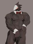 anthro bebebebebe biped black_body blush bodily_fluids bow_tie covering covering_crotch covering_penis deltarune eyes_closed fingers front_view fur grey_background male mostly_nude multicolored_body muscular simple_background solo swatchling sweat sweatdrop undertale_(series) white_body