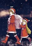  angel_wings black_legwear blonde_hair brown_eyes brown_hair christmas fur_trim haibane_renmei halo hat highres jpeg_artifacts long_hair messy_hair multiple_girls pantyhose rakka red_eyes ryushika ryushika_ryushika sack santa_costume santa_hat short_hair snow striped striped_legwear white_legwear wings yasu_(shijimi_8) 