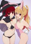  2girls :d absurdres animal_ears arima_kana bikini black_bikini black_cape black_hat blonde_hair bow bowtie breasts cape cleavage cowboy_shot detached_collar fake_animal_ears grey_cape grin hat highres hoshino_ruby large_breasts multiple_girls navel oshi_no_ko pink_bow pink_bowtie playboy_bunny pomerachi ponytail rabbit_ears rabbit_tail red_eyes red_hair smile star-shaped_pupils star_(symbol) swimsuit symbol-shaped_pupils tail teeth two-tone_cape witch_hat 