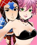  1girl anakochan black_eyes breasts crop_top green_eyes guido_mista hat jojo_no_kimyou_na_bouken medium_breasts midriff pink_hair short_hair trish_una vento_aureo 