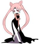  bishoujo_senshi_sailor_moon black_dress black_footwear black_lady chibi_usa crescent crystal_earrings double_bun dress earrings emita expressionless facial_mark forehead_mark full_body jewelry long_hair older pink_hair red_eyes shoes side_slit solo standing twintails white_background 