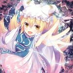  :d blonde_hair blush commentary_request constellation dress fox_tail frills hat kitsune kyuubi multiple_tails nagishiro_mito open_mouth pillow_hat reaching_out short_hair smile solo tabard tail tassel touhou white_dress yakumo_ran yellow_eyes 