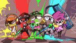  baseball_cap beanie bike_shorts coat coke-bottle_glasses copyright_name domino_mask dororo_(keroro_gunsou) frog giroro glasses goggles goggles_on_head grin hat headphones holding holding_weapon ink_tank_(splatoon) keroro keroro_gunsou kururu_(keroro_gunsou) layered_clothing long_sleeves looking_at_viewer mamako mask multiple_boys open_mouth overcoat oversized_object paint_roller paint_splatter scarf shirt short_over_long_sleeves short_sleeves single_vertical_stripe smile splatoon_(series) splatoon_1 standing super_soaker t-shirt tamama weapon 