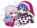  blue_eyes blue_hair bow bowl bowtie chibi doremy_sweet dress hat jacket kishin_sagume long_sleeves multiple_girls nightcap open_clothes open_mouth pom_pom_(clothes) purple_dress purple_eyes shiohachi shirt short_hair silver_hair single_wing skirt smile tail tapir_tail touhou wings 