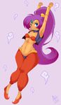  armpits arms_up artist_request bandeau blue_eyes bracer breasts choker cleavage clenched_hand earrings full_body groin harem_pants highres hoop_earrings jewelry long_hair midriff navel pants pigeon-toed pointy_ears ponytail purple_hair shantae_(character) shantae_(series) shoes small_breasts smile solo stretch tiara very_long_hair vest 