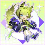  1other ;d animal_ear_fluff animal_ears armpits bare_shoulders bell black_choker black_footwear black_jacket black_shorts black_tank_top blue_eyes border choker circle commission deformed facial_mark fang green_background green_hair green_tail highres jacket medium_hair midriff navel neck_bell off_shoulder one_eye_closed open_mouth original purple_border shoes shorts sleeves_past_fingers sleeves_past_wrists smile sneakers socks solo sparkle tank_top white_socks youzha_ligui 