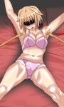  arms_up backscratcher bdsm bikini black_blindfold blindfold blonde_hair bondage bound bound_arms bra highres molestation panties pink_bikini pink_bra pink_panties poking restrained seikon_no_qwaser swimsuit teasing teresa_beria tickle_torture tickling tickling_armpits tickling_legs underwear underwear_only 