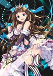  bare_shoulders blue_eyes brown_hair center_opening detached_sleeves empew long_hair looking_at_viewer million_chain navel smile solo striped striped_legwear sword thighhighs weapon 