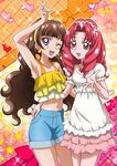  :d ;d akagi_towa amanogawa_kirara bangs brown_hair cowboy_shot curly_hair earrings go!_princess_precure hanzou jewelry long_hair multicolored multicolored_background multiple_girls one_eye_closed open_mouth parted_bangs precure purple_eyes red_eyes red_hair shorts skirt smile star star_earrings twintails 