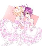  bare_shoulders blonde_hair blush bow detached_collar double_bun dress elbow_gloves frilled_dress frills gloves hair_bow hand_on_another's_face head_wings holding_hands kanjyu0919 long_hair minami_mirei multiple_girls open_mouth pink_dress pretty_(series) pripara purple_hair side_ponytail single_head_wing smile strapless strapless_dress tears toudou_shion yellow_eyes yuri 