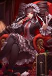  armchair artist_name bangs black_hair black_legwear black_nails black_skirt blunt_bangs bonnet bow card celestia_ludenberck chair crossed_legs danganronpa danganronpa_1 drill_hair fingernails frilled_skirt frilled_sleeves frills gothic_lolita grin heart highres holding holding_card indoors jewelry joker jurrig lace-trimmed_sleeves lamp lolita_fashion long_fingernails long_hair long_sleeves looking_at_viewer monokuma nail_polish necktie playing_card red_eyes red_neckwear ribbon ring sharp_fingernails sitting skirt skirt_set smile solo thighhighs throne twin_drills twintails very_long_hair watermark web_address 