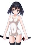  akame_ga_kill! black_eyes black_hair black_legwear covered_navel katana kurome_(akame_ga_kill!) one-piece_swimsuit school_swimsuit short_hair smile solo sunsuke swimsuit sword thighhighs weapon white_background 