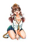  1girl animal_ears animal_print arms_between_legs blush breasts brown_hair cleavage collarbone collared_shirt full_body green_skirt highres kneeling large_breasts long_hair looking_at_viewer necktie nekomiya_moe open_mouth pleated_skirt print_necktie school_uniform shadow shirt simple_background skirt sogabe_toshinori solo tail teeth tiger_ears tiger_print tiger_tail tongue upper_teeth_only white_background white_shirt yankee_jk_kuzuhana-chan yellow_eyes 