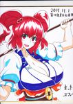  arm_up blue_dress blush breasts cleavage collarbone dress hair_bobbles hair_ornament huge_breasts looking_at_viewer mattari_yufi onozuka_komachi open_mouth photo puffy_short_sleeves puffy_sleeves red_eyes red_hair scythe shikishi short_hair short_sleeves smile solo touhou translation_request two_side_up upper_body 