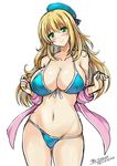  atago_(kantai_collection) beret bikini blonde_hair breasts green_eyes hat highres jacket kantai_collection large_breasts long_hair solo standing swimsuit the-sinner 