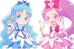  bad_id bad_pixiv_id blue_eyes blue_hair blue_skirt chibi clenched_teeth cure_blossom cure_marine hanasaki_tsubomi heart heartcatch_precure! kurumi_erika magical_girl mika-shi multiple_girls open_mouth pink_eyes pink_hair pink_skirt ponytail precure simple_background skirt smile teeth white_background wrist_cuffs 