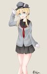  :d adapted_costume alternate_costume beige_background black_(kbym) blonde_hair blue_eyes cardigan gloves hair_ornament hat highres kantai_collection long_hair open_mouth peaked_cap prinz_eugen_(kantai_collection) school_uniform serafuku skirt smile solo twintails twitter_username white_gloves 