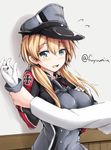  against_wall blonde_hair blush flying_sweatdrops fuyu_mi gloves grabbing hair_ornament hat kantai_collection long_hair military military_uniform peaked_cap prinz_eugen_(kantai_collection) solo_focus twintails uniform wrist_grab 