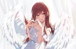  1girl angel_wings bare_shoulders blush breasts cleavage collarbone dress feathered_wings frilled_dress frills hands_up heart heart_hands highres idolmaster idolmaster_shiny_colors long_hair looking_at_viewer medium_breasts open_mouth osaki_amana red_hair reikakrzk smile solo swept_bangs white_dress white_wings wings yellow_eyes 