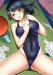  :d apron ass_visible_through_thighs bare_shoulders black_hair blush breasts collarbone competition_swimsuit covered_navel cup half-closed_eyes highleg highleg_swimsuit houshou_(kantai_collection) kantai_collection large_breasts long_hair looking_at_viewer lying on_back one-piece_swimsuit open_mouth pillow ponytail shibata_rai skin_tight smile solo spread_legs swimsuit torn_apron torn_clothes water 