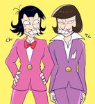  black_hair bow bowtie buck_teeth dual_persona facial_hair formal hands_on_hips highres iyami messy_hair multiple_boys mustache netoro osomatsu-kun osomatsu-san purple_suit smile suit sweatdrop translated younger 