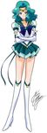  aqua_hair aqua_skirt bishoujo_senshi_sailor_moon blue_bow blue_eyes boots bow brooch choker crossed_arms earrings elbow_gloves full_body gloves jewelry kaiou_michiru knee_boots magical_girl marco_albiero sailor_collar sailor_neptune sailor_senshi_uniform short_hair signature skirt smile solo standing star star_choker super_sailor_neptune_(stars) tiara white_background white_footwear white_gloves 