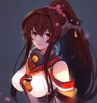  bangs breasts brown_eyes brown_hair cherry_blossoms flower gradient gradient_background hair_between_eyes hair_flower hair_intakes hair_ornament headgear kantai_collection large_breasts lipstick long_hair looking_at_viewer makeup md5_mismatch petals ponytail red_eyes smile sola7764 solo upper_body yamato_(kantai_collection) 