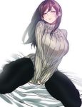  bad_id bad_twitter_id black_hair black_legwear blush breasts character_request earrings highres hohehohe jewelry kneeling large_breasts long_hair on_bed pantyhose ribbed_sweater solo stud_earrings sweater taut_clothes turtleneck v_arms 