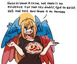  1girl angel angel_wings artist_name atheism blasphemy blonde_hair blue_wings commentary english_commentary english_text flying_spaghetti_monster head_wings highres irony jewelry long_hair looking_at_viewer multicolored_wings murgoten open_mouth original red_wings shrugging solo very_long_hair wings yellow_eyes 