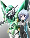  arms_behind_back blue_eyes blue_hair bodysuit covered_navel expressionless grey_background gundam gundam_00 gundam_build_fighters gundam_build_fighters_try gundam_portent highres kijima_shia machinery mecha pilot_suit short_hair simple_background skin_tight standing tenmii_(transparent) 