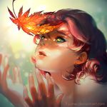  autumn autumn_leaves bare_shoulders chromatic_aberration curly_hair eyelashes from_side green_eyes hands leaf lips long_hair looking_up original portrait red_hair shadow solo sunlight watermark web_address wenqing_yan 