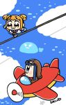  2girls :3 aircraft airplane artist_name aviator_cap bkub blue_eyes blue_hair blue_sailor_collar blue_skirt blunt_bangs blunt_ends blush_stickers brown_footwear brown_hat brown_jacket chibi chibi_only closed_mouth cloud dark_blue_hair dot_nose flight_goggles goggles goggles_on_headwear hair_ornament hair_scrunchie hat highres jacket long_hair long_sleeves multiple_girls neckerchief ocean official_art orange_hair pipimi poptepipic popuko red_neckerchief sailor_collar school_uniform scrunchie serafuku shirt shoes short_hair sidelocks signature skirt socks tightrope two_side_up water whale white_shirt white_socks yellow_eyes yellow_scrunchie 