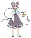  animal_ears basket bloomers blush capelet dowsing_rod dress full_body grey_dress grey_hair jewelry kumadano long_sleeves looking_at_viewer mary_janes mouse mouse_ears mouse_tail nazrin necklace red_eyes shoes short_hair simple_background socks solo tail touhou underwear white_background white_legwear 