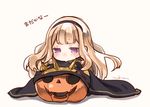  :&gt; artist_name bangs blonde_hair blush cagliostro_(granblue_fantasy) cape chibi granblue_fantasy hairband halloween jack-o'-lantern long_hair pumpkin purple_eyes shadow silver_background simple_background solo spikes yukian 