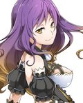  adapted_costume ascot back bare_shoulders breasts brown_hair dress eyelashes frilled_dress frills hijiri_byakuren large_breasts long_hair looking_at_viewer looking_back lowres purple_hair simple_background smile solo touhou yellow_eyes yuuzii 