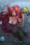  :d air_bubble animal ariel_(disney) artist_name bare_arms bare_shoulders bikini bikini_top blue_eyes breasts bubble chuby_mi cleavage collarbone eyelashes fish floating_hair flounder_(the_little_mermaid) highres large_breasts lips lipstick long_hair makeup midriff navel open_mouth purple_bikini realistic red_hair red_lipstick smile solo strapless strapless_bikini strapless_swimsuit swimsuit the_little_mermaid underwater very_long_hair watermark web_address 