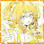  1girl ahoge blonde_hair blue_eyes border bubble buttons chinese_commentary collared_shirt commentary_request commission dot_nose eyelashes eyeshadow ghost hair_between_eyes hair_ornament hair_scrunchie hairclip happy head_only high_collar kamu_(poulro) light_blush long_hair long_sleeves makeup multiple_views open_mouth orange_border original outside_border overalls polka_dot polka_dot_scrunchie scrunchie shirt sidelocks smile star_(symbol) teeth two_side_up upper_body upper_teeth_only v white_background white_scrunchie white_shirt x_hair_ornament yellow_eyeshadow yellow_overalls yellow_theme 