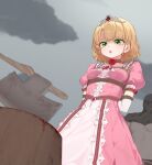  1boy 1girl :o absurdres axe blonde_hair blood bound breasts choker commission dress execution executioner green_eyes grey_sky highres imminent_death ju_ge original outdoors pink_dress princess puffy_short_sleeves puffy_sleeves short_hair short_sleeves sky solo_focus tearing_up tiara tied_up_(nonsexual) 