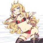 bikini black_legwear blonde_hair blush bracelet cagliostro_(granblue_fantasy) chan_co flat_chest granblue_fantasy grin hairband jewelry long_hair looking_at_viewer navel purple_eyes revision simple_background smile solo swimsuit test_tube thigh_strap thighhighs tiara 