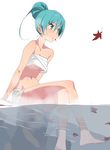  aqua_eyes aqua_hair bad_id bad_pixiv_id barefoot breasts crossed_legs domo1220 hair_bun hair_up hatsune_miku leaf looking_away navel partially_underwater_shot simple_background sitting small_breasts soaking_feet solo steam underboob vocaloid water wet white_background 