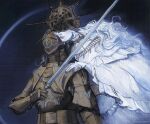  1boy 1girl armor black_background buriedinembers closed_mouth colored_skin dark_souls_(series) dark_souls_i dark_sun_gwyndolin darkmoon_knightess dress full_armor gauntlets gradient_background grey_skin helmet highres holding holding_sword holding_weapon long_hair spiked_helmet sword upper_body weapon white_dress white_hair 