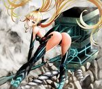  armor ass bent_over blonde_hair building from_behind green_eyes hammer jjjjj long_hair looking_back original outdoors smoke solo twintails very_long_hair weapon 