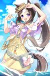  1girl :d animal_ears blue_sky brown_hair cloud commentary_request day highres hokko_tarumae_(pastel_marine_locadol)_(umamusume) hokko_tarumae_(umamusume) horse_ears horse_girl horse_tail looking_at_viewer meyamu multicolored_hair official_alternate_costume open_mouth outdoors overalls purple_eyes sky smile solo streaked_hair tail umamusume white_hair yellow_overalls 