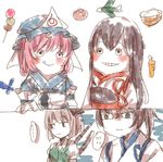  ... 4girls aircraft airplane akagi_(kantai_collection) blush brown_hair carrot chronica_(artist) crossover food hair_ribbon japanese_clothes kaga_(kantai_collection) kantai_collection konpaku_youmu long_hair multiple_girls muneate ribbon saigyouji_yuyuko short_hair smile touhou trait_connection triangular_headpiece 