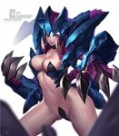  ass_visible_through_thighs blue_eyes breasts c-string citemer claw_(weapon) cleavage covered_nipples cowboy_shot large_breasts league_of_legends looking_at_viewer navel personification red_lips rek'sai revealing_clothes smile solo text_focus underwear watermark weapon web_address 