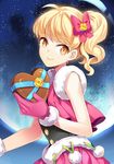  blonde_hair chocolate chocolate_heart flower full_moon gloves hair_flower hair_ornament hair_ribbon heart jacket moon orange_eyes original pink_gloves pleated_skirt ponytail ribbon rose rukun00 skirt smile solo upper_body yellow_flower yellow_rose 