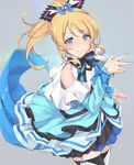  &gt;:) ayase_eli bare_shoulders blonde_hair blue_dress blue_eyes blush capelet detached_sleeves dress earrings garter_straps highres jewelry kira-kira_sensation! layered_dress long_hair long_sleeves looking_at_viewer love_live! love_live!_school_idol_project makita_(twosidegekilove) ponytail smile solo thighhighs v-shaped_eyebrows zettai_ryouiki 