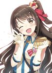  ;d brown_eyes brown_hair crystal_night_party epaulettes gloves hyuuga_azuri idolmaster idolmaster_cinderella_girls long_hair one_eye_closed one_side_up open_mouth shimamura_uzuki smile solo tears uniform v 